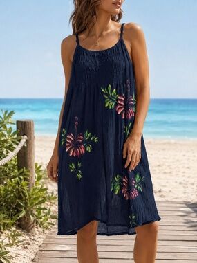 Navy Tropical Crinkle Beach Cover-Up Dress | O/S
